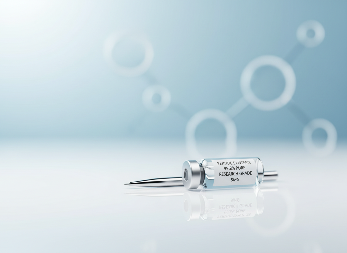 A minimalist, ultra-clean composition featuring a single peptide vial lying horizontally on a flawless white surface, its fine printed label aligned perfectly to face the viewer. Next to it, a sleek chrome pipette tip rests parallel, suggesting precise measurement. The background transitions into a soft gradient of cool blues and whites, subtly resembling a stylized molecular environment. Diffused softbox lighting from the top-left creates gentle, almost shadowless illumination with slight specular highlights on the glass and chrome. The camera is positioned at a low, side-on angle, using a shallow depth of field so that the vial’s branding and purity information are in perfect focus while the background melts into creamy bokeh. The mood is serene, sophisticated, and technical, embodying cutting-edge research elegance in photographic realism.