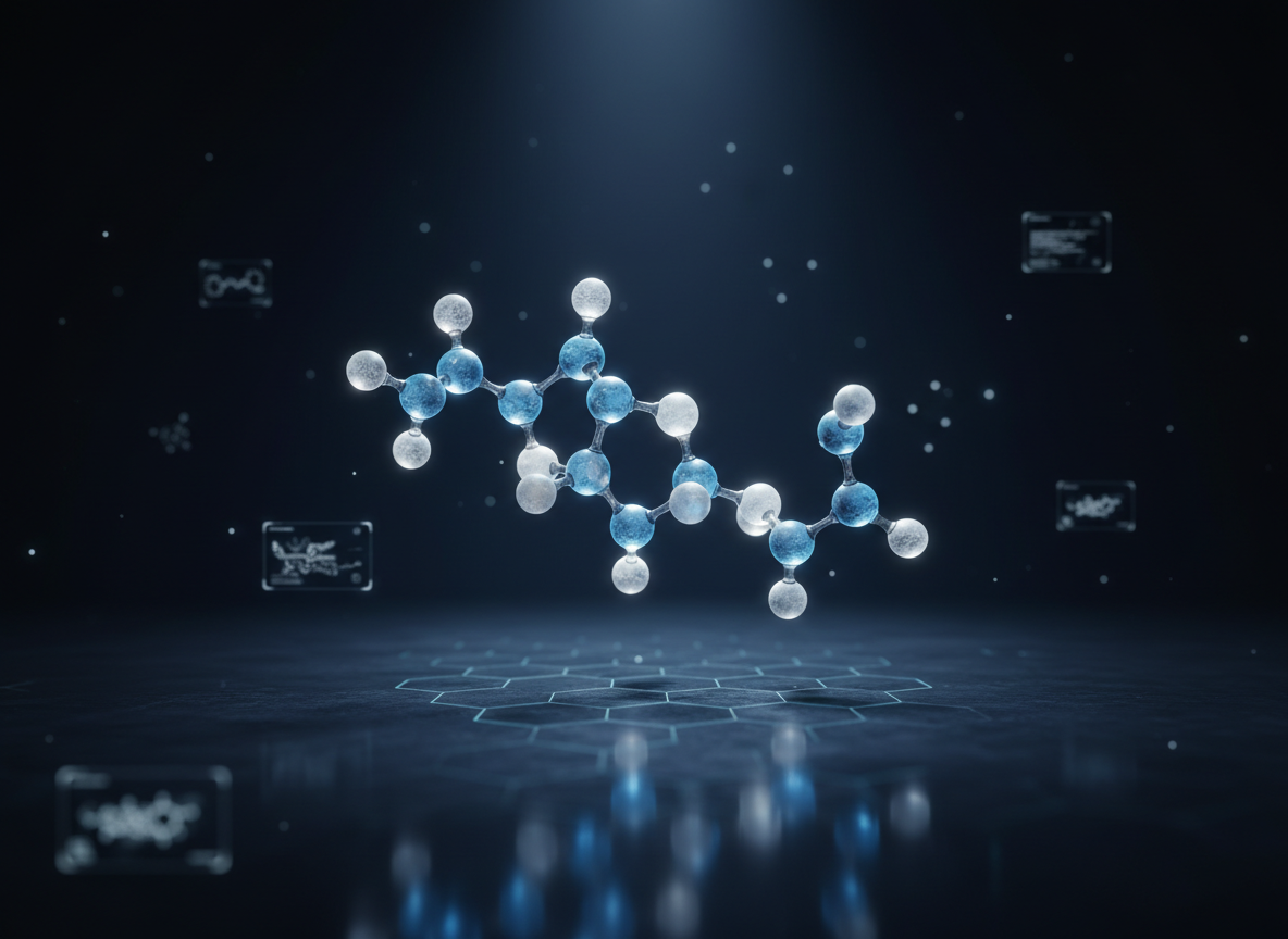 An intricate, hyper-detailed 3D molecular model of a peptide structure rendered as translucent, glass-like spheres and rods in shades of icy blue and silver, floating above a smooth, dark slate surface. Subtle hexagonal gridlines glow faintly beneath, suggesting advanced analytical technology. A cool, directional spotlight from above and slightly behind creates a luminous rim light around the molecule, while the slate surface reflects a soft, abstract reflection. The background is a deep navy gradient fading into black, dotted with faint, defocused scientific interface elements. Shot in a cinematic wide composition with the molecule off-center, the scene feels futuristic, precise, and intellectually sophisticated, visually representing the complexity and purity of research peptides in a photographic, high-tech style.