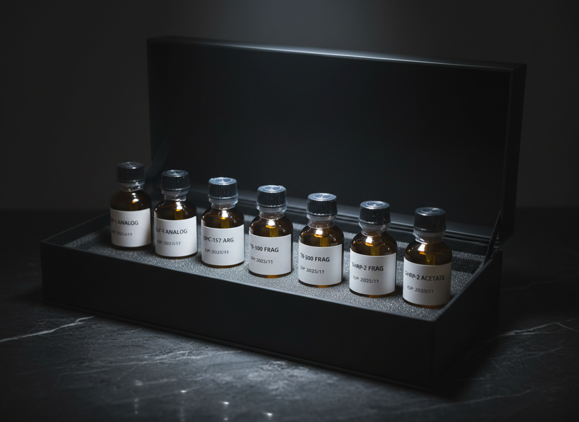 A row of tightly sealed amber glass bottles containing protected research peptide solutions, each with a crisp white label featuring precise molecular names and batch details in refined typography. The bottles sit within a custom-cut foam insert inside an open, matte-black presentation case, hinting at premium packaging. The case rests on a dark stone surface with subtle marbling. A narrow beam of cool spotlighting from above creates a dramatic gradient across the bottles, casting refined, soft-edged shadows and highlighting the contours of the glass. The background fades into a smooth, charcoal blur, keeping full attention on the product. Shot from a slightly elevated angle with moderate depth of field, the mood is luxurious, precise, and trustworthy, ideal for a premium peptide brand in a photographic, high-end commercial style.