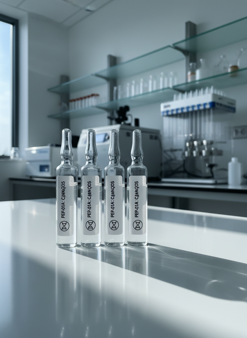 A meticulously arranged lineup of crystal-clear glass vials filled with colorless research peptide solutions, each labeled with precise black typography and a minimalist logo, standing on a flawless white laboratory bench. In the background, a blurred expanse of high-end stainless steel lab equipment and frosted glass shelving suggests a state-of-the-art facility. Cool, diffused daylight from a large unseen window washes over the scene, creating crisp reflections on the glass and subtle, elongated shadows. Captured at eye level with a shallow depth of field that keeps the front vials in razor-sharp focus, the composition feels clean, clinical, and sophisticated, emphasizing premium quality and scientific rigor in a photographic realism style.