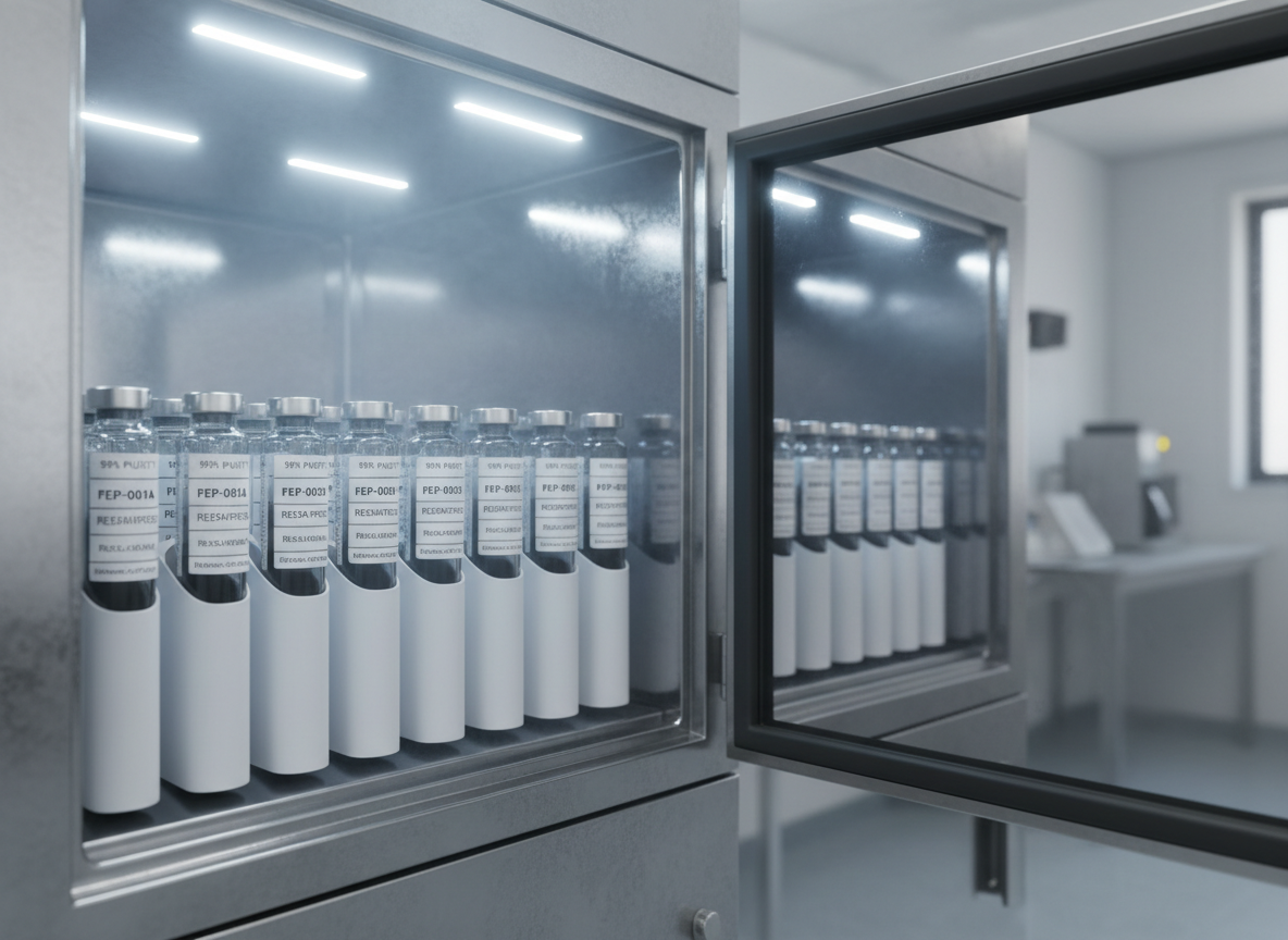 A refrigerated stainless steel storage cabinet door partially open, revealing meticulously arranged rows of peptide vials inside custom white racks, all facing forward with sharp, uniform labeling. Wisps of cool condensation roll from the chilled interior into the ambient lab air. The exterior steel surface gleams with a soft brushed texture, catching reflections of the controlled laboratory environment. Overhead cool-white LED panel lighting illuminates the interior, casting gentle, linear highlights along the vial caps and racks. Captured from a three-quarter angle at eye level, the depth of field renders the front rows sharply while the back rows blur smoothly, conveying depth and scale. The mood is controlled, secure, and professional, emphasizing proper storage, stability, and the premium handling of 99% purity research peptides in a clean, photographic style.